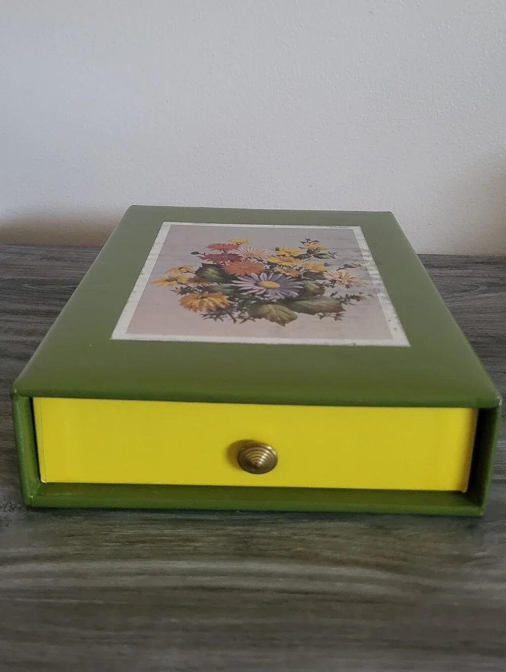 Vintage Floral Stationary Storage Drawer Box Green Yellow